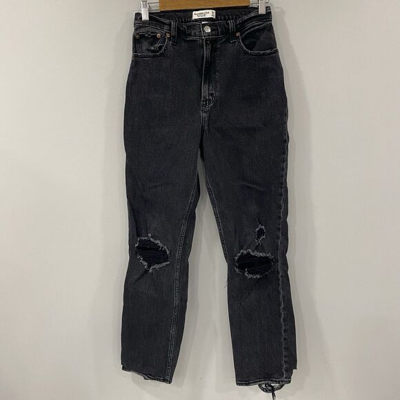 A&F 28 The Ankle Straight Ultra High Rise Black Distressed Curve Love Boho Jeans - Picture 1 of 16